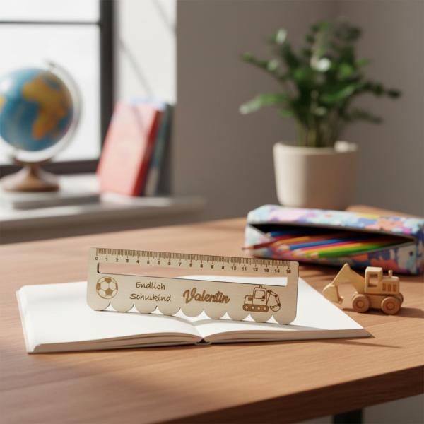 Personalisierbares Leselineal aus Holz als Geschenkidee in einer Schultüte platziert.